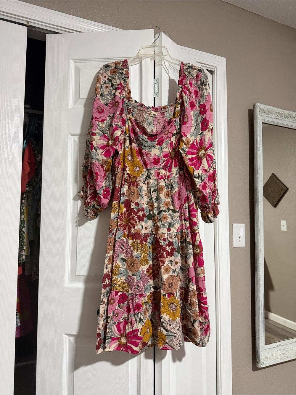 JODIFL Pink Multi Floral Midi Dress with Puff Sleeves
